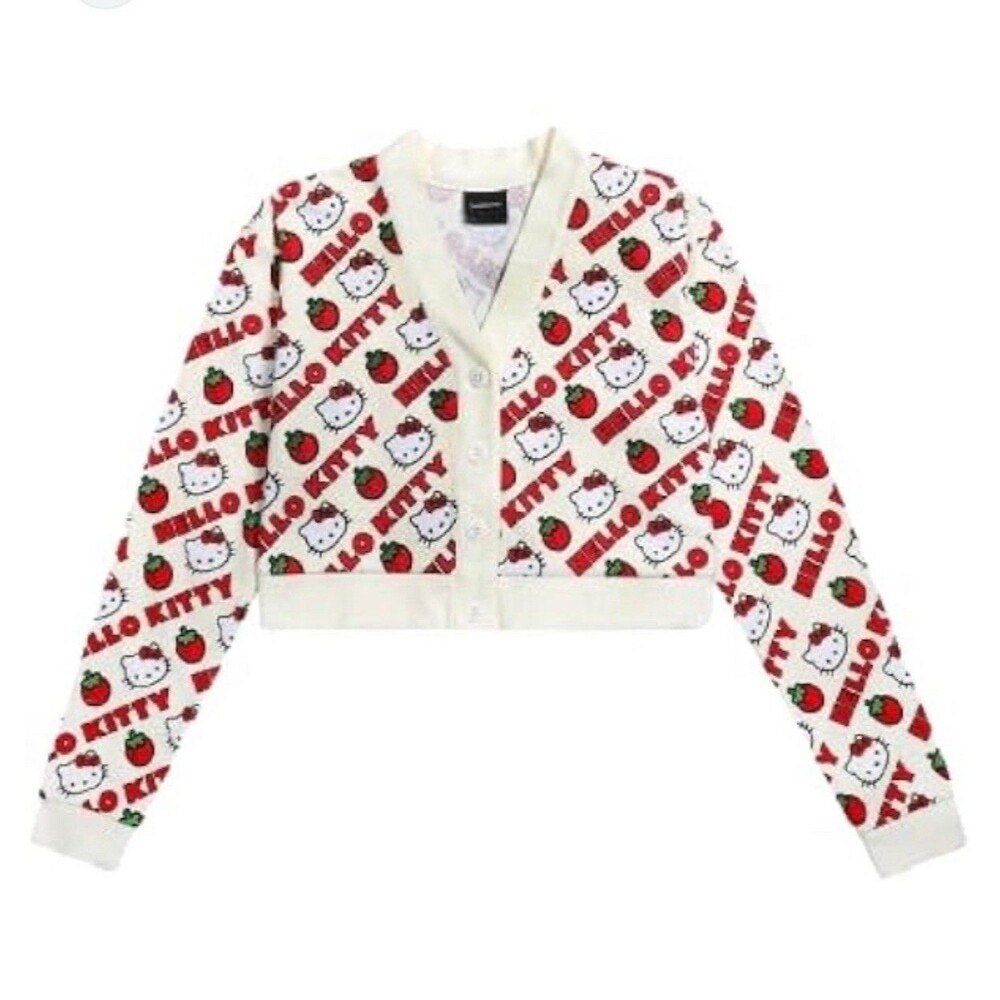 Dumbgood Sanrio Hello Kitty Strawberries Waffle Knit Cropped Cream Cardigan L